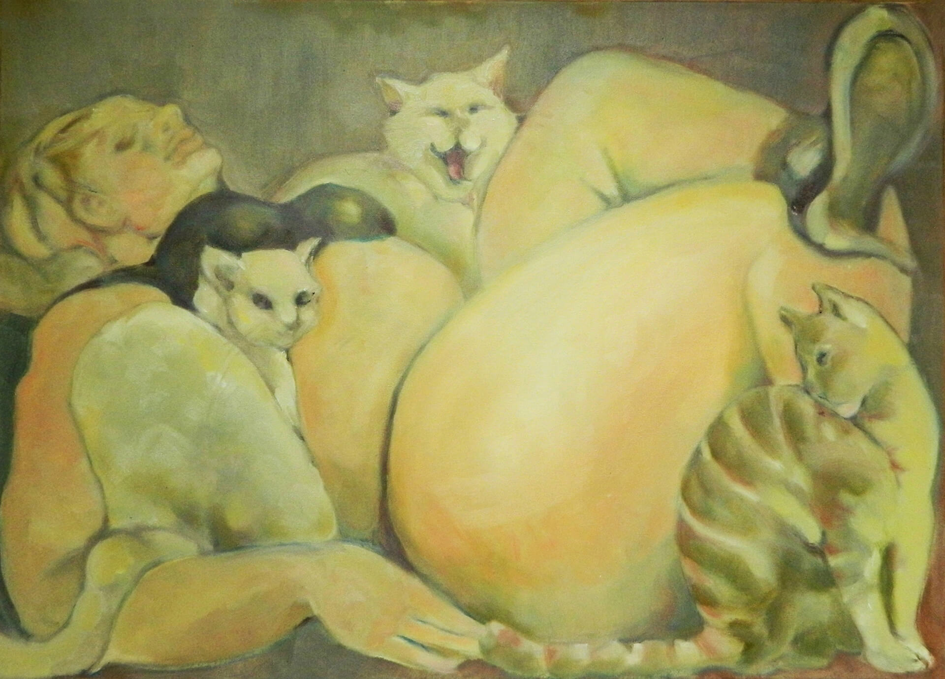 A woman and three kittens. 60x70 cm. Oil on canvas. Sold