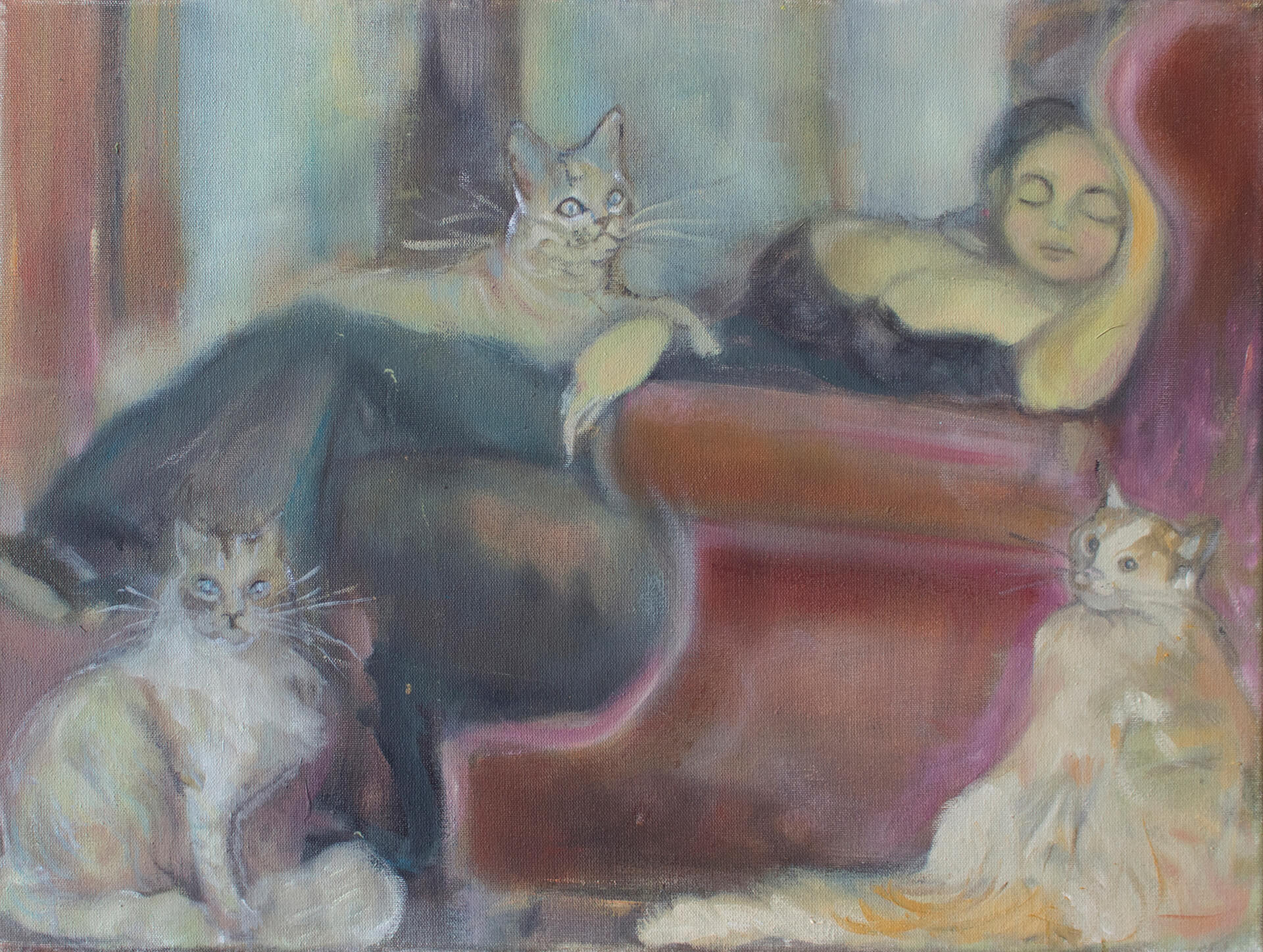 Sleeping Lady with cats. 30x40 cm. Oil on canvas. Sold