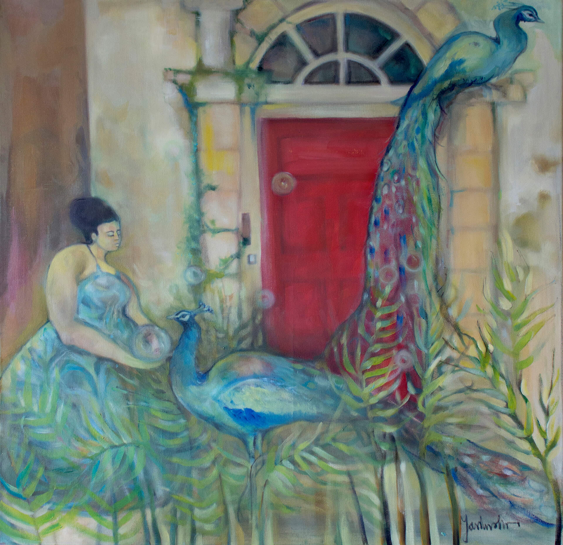 Woman and two peacocks. 70x70 cm. Oil on canvas. 