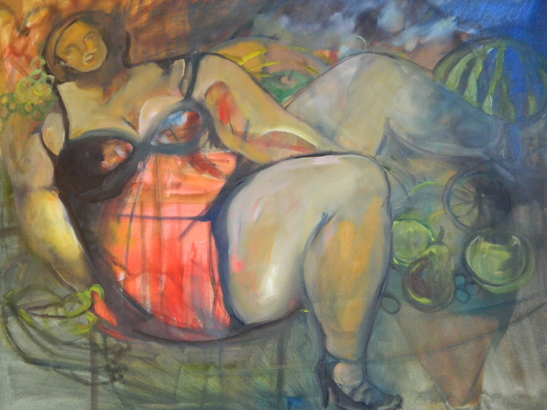 Still life and woman. 70x100 cm. Oil on canvas. Sold